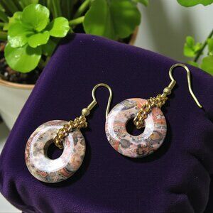 Leopard Jasper Donut Earrings, Brass Curb Chain, Pierced